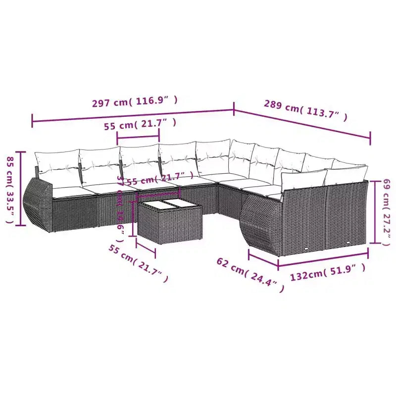 vidaXL 11-teiliges Sofaset für die Terrasse mit Kissen aus beigefarbenem Poly-Rattan