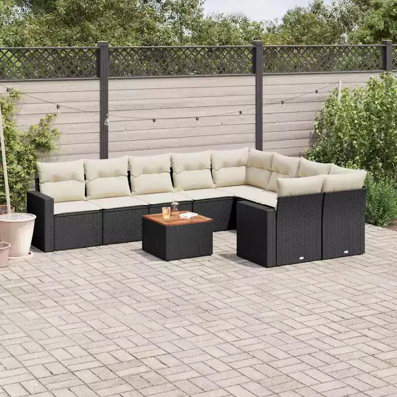 vidaXL 10 Piece Patio Sofa Set with Cushions Black Poly Rattan - Black and Cream 5x Middle + Table + 2x Corner