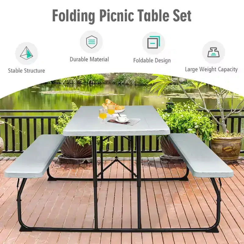Conjunto plegable de mesa y bancos de picnic para interior y exterior con textura similar a la madera