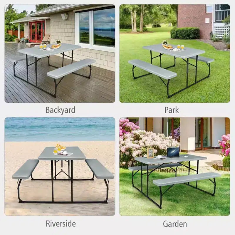 Conjunto plegable de mesa y bancos de picnic para interior y exterior con textura similar a la madera