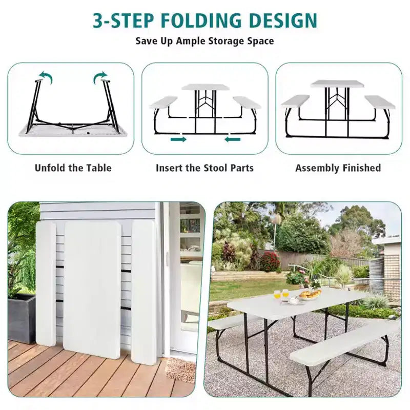 Conjunto plegable de mesa y bancos de picnic para interior y exterior con textura similar a la madera
