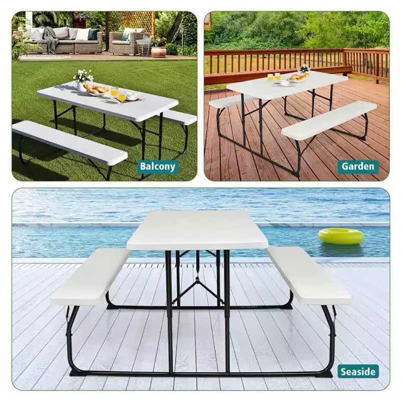 Conjunto plegable de mesa y bancos de picnic para interior y exterior con textura similar a la madera