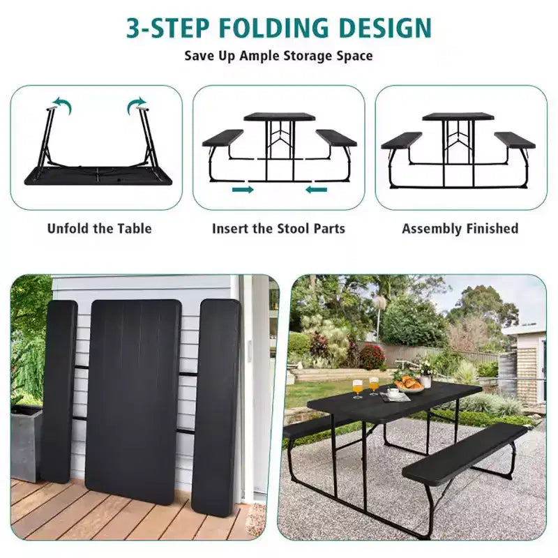 Conjunto plegable de mesa y bancos de picnic para interior y exterior con textura similar a la madera