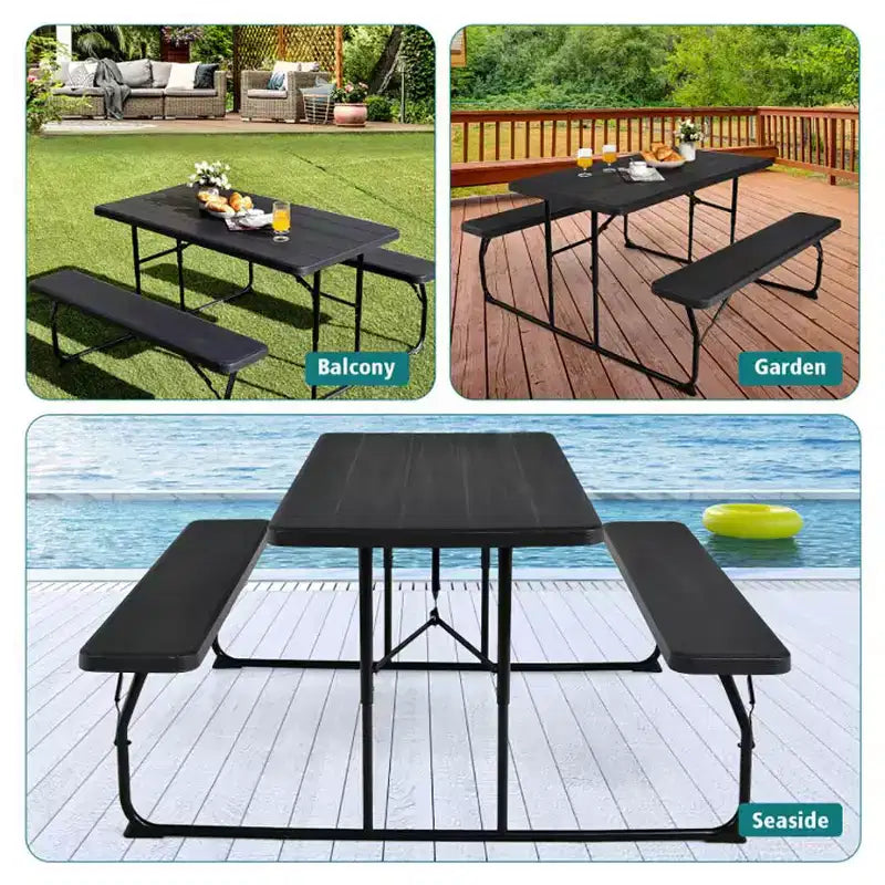Conjunto plegable de mesa y bancos de picnic para interior y exterior con textura similar a la madera