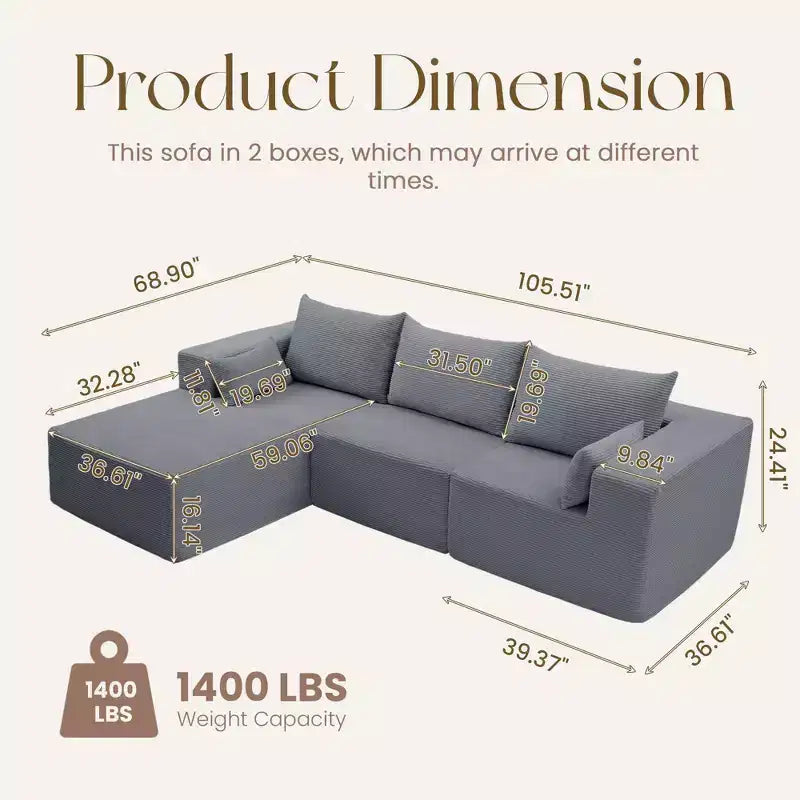 Hyleory Modern L-Shaped Modular Sectional Sofa Set with Chaise, Compressed Packaging