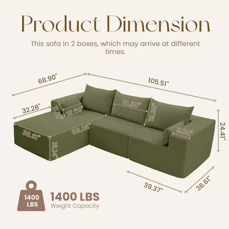 Hyleory Modern L-Shaped Modular Sectional Sofa Set with Chaise, Compressed Packaging