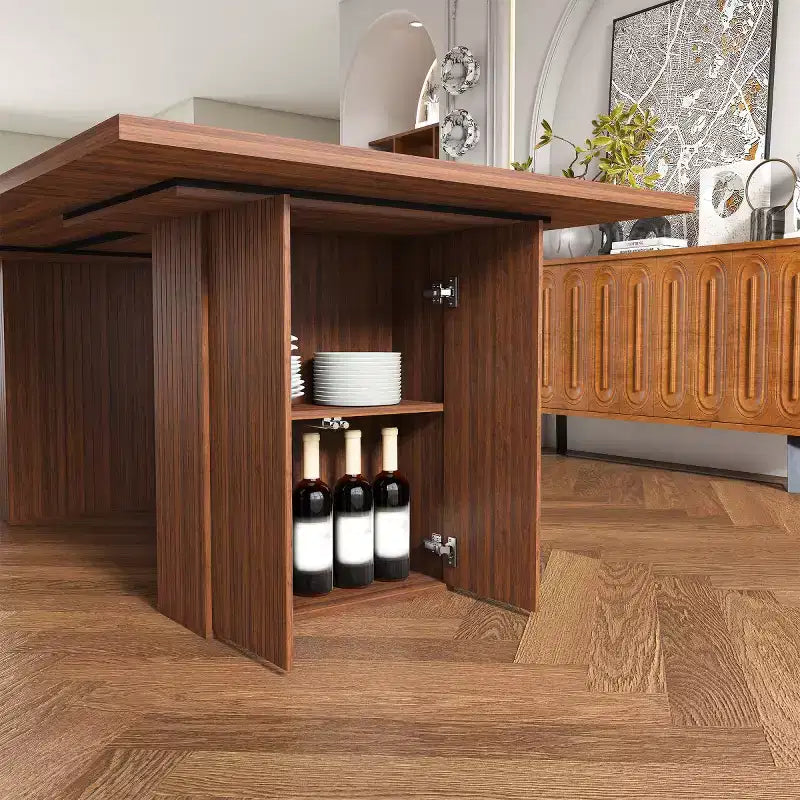 Modern Rustic Dining Set with 78 Rectangular Storage-Base Table and 4 PU Cushioned Chairs for Kitchen and Dining Room-Panipeachy