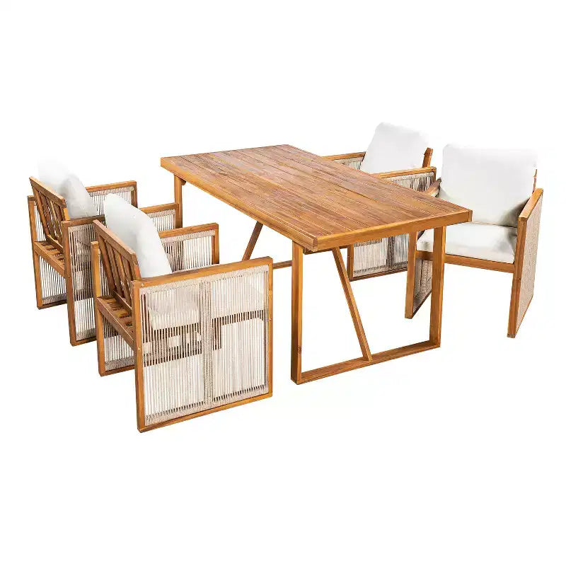 Christopher Knight Home Reina moderne 5-delige eetset voor buiten van acaciahout met handgevlochten koord