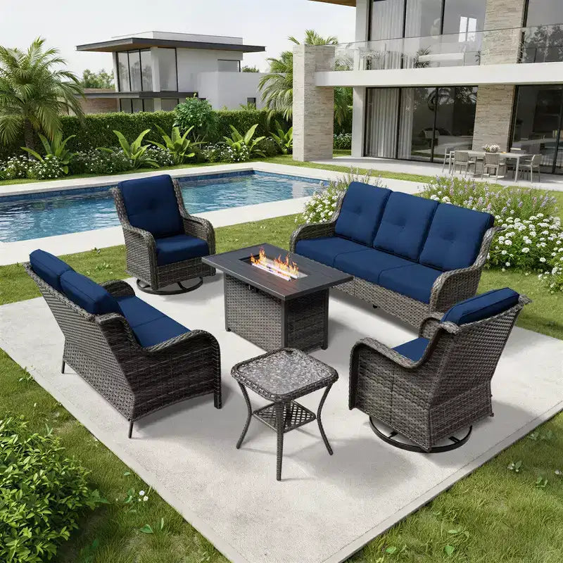 UPTIOT Premium 7-Piece Outdoor Set with 2-in-1 Fire Pit Table, 3-Seater Sofa, 2 Swivel Chairs & Loveseate