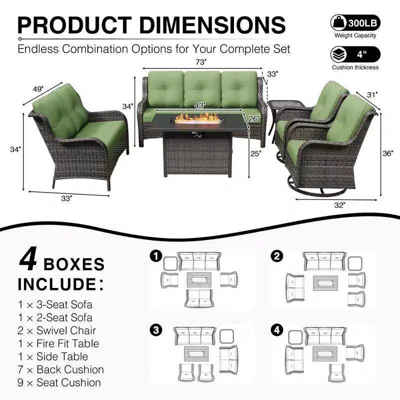 UPTIOT Premium 7-Piece Outdoor Set with 2-in-1 Fire Pit Table, 3-Seater Sofa, 2 Swivel Chairs & Loveseate