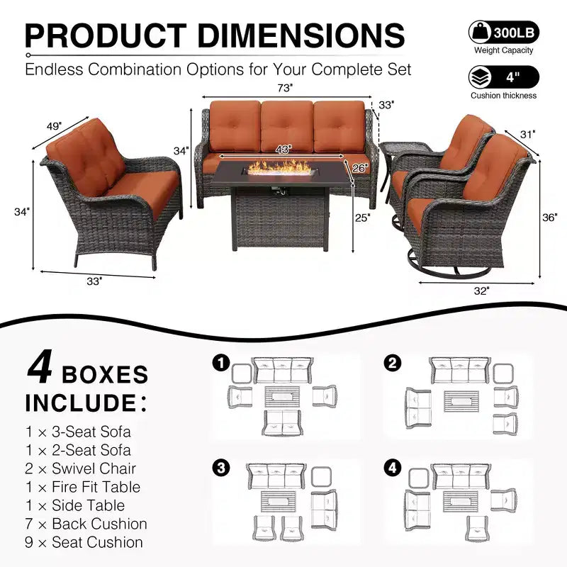 UPTIOT Premium 7-Piece Outdoor Set with 2-in-1 Fire Pit Table, 3-Seater Sofa, 2 Swivel Chairs & Loveseate