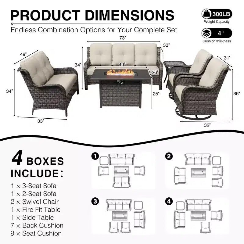 UPTIOT Premium 7-Piece Outdoor Set with 2-in-1 Fire Pit Table, 3-Seater Sofa, 2 Swivel Chairs & Loveseate