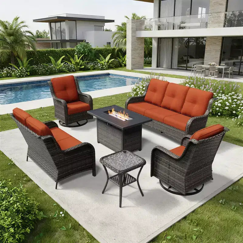 UPTIOT Premium 7-Piece Outdoor Set with 2-in-1 Fire Pit Table, 3-Seater Sofa, 2 Swivel Chairs & Loveseate