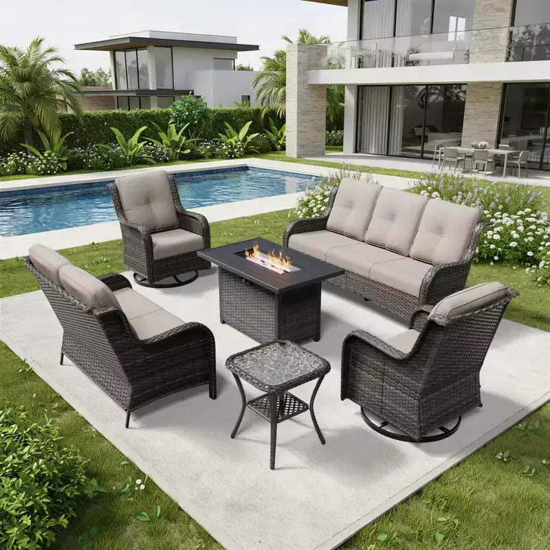 UPTIOT Premium 7-Piece Outdoor Set with 2-in-1 Fire Pit Table, 3-Seater Sofa, 2 Swivel Chairs & Loveseate