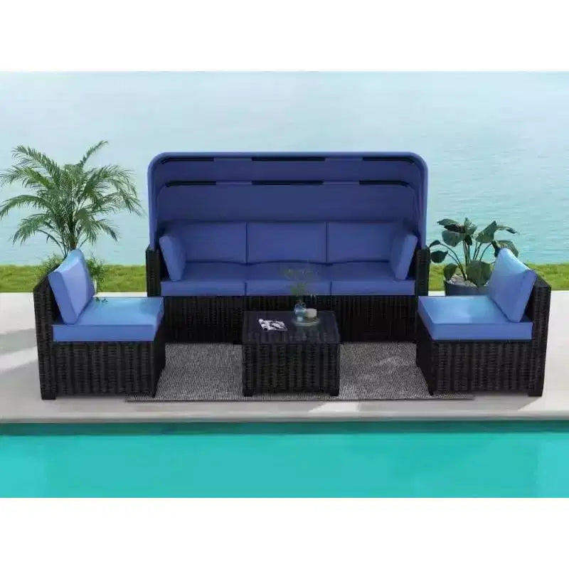 6-teiliges Set mit Sonnenliegen für den Außenbereich, Tagesbett mit ausziehbarem Sonnendach, Lounge-Set für den Außenbereich mit verstellbaren Rückenlehnen, Chaiselongues