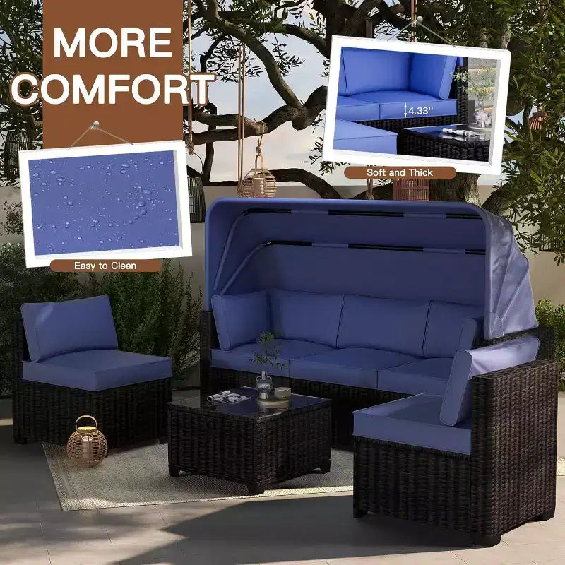 6-teiliges Set mit Sonnenliegen für den Außenbereich, Tagesbett mit ausziehbarem Sonnendach, Lounge-Set für den Außenbereich mit verstellbaren Rückenlehnen, Chaiselongues