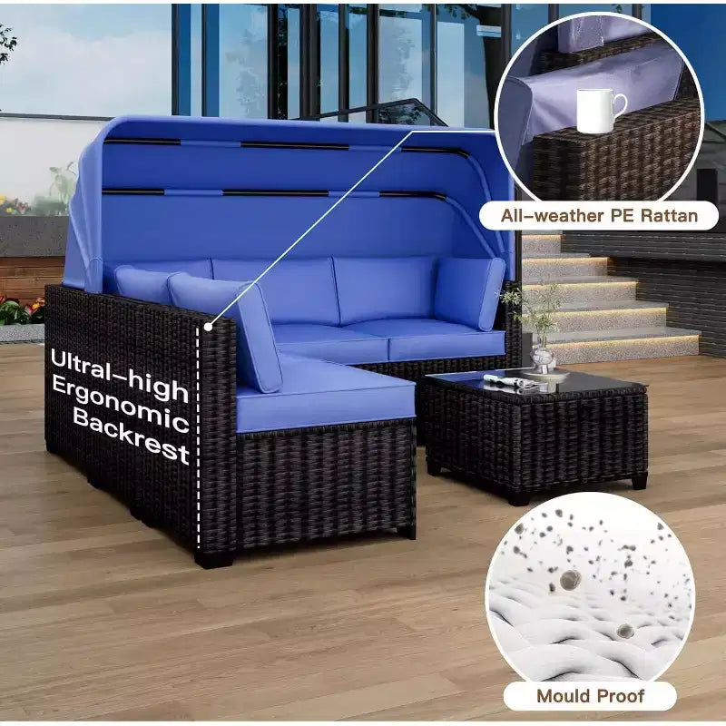 6-teiliges Set mit Sonnenliegen für den Außenbereich, Tagesbett mit ausziehbarem Sonnendach, Lounge-Set für den Außenbereich mit verstellbaren Rückenlehnen, Chaiselongues