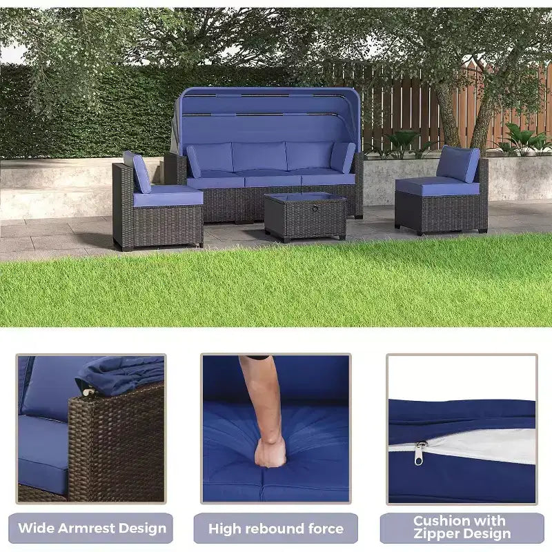 6-teiliges Set mit Sonnenliegen für den Außenbereich, Tagesbett mit ausziehbarem Sonnendach, Lounge-Set für den Außenbereich mit verstellbaren Rückenlehnen, Chaiselongues