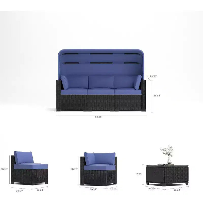 6-teiliges Set mit Sonnenliegen für den Außenbereich, Tagesbett mit ausziehbarem Sonnendach, Lounge-Set für den Außenbereich mit verstellbaren Rückenlehnen, Chaiselongues