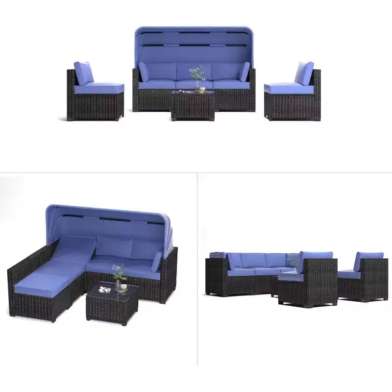 6-teiliges Set mit Sonnenliegen für den Außenbereich, Tagesbett mit ausziehbarem Sonnendach, Lounge-Set für den Außenbereich mit verstellbaren Rückenlehnen, Chaiselongues