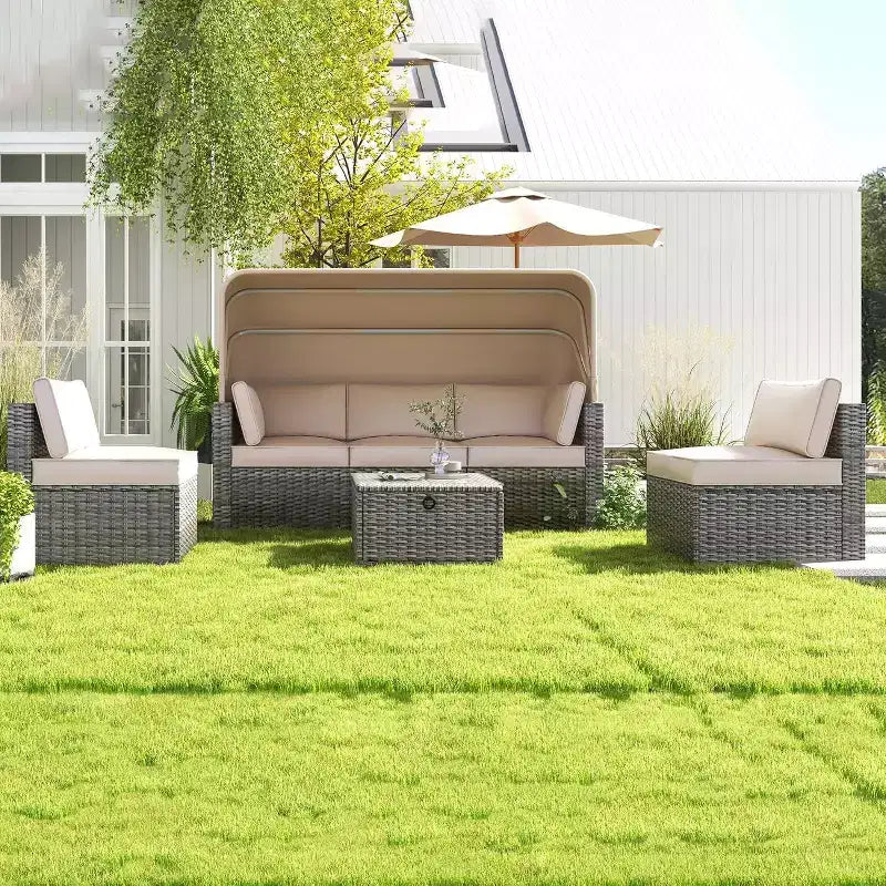 6-teiliges Set mit Sonnenliegen für den Außenbereich, Tagesbett mit ausziehbarem Sonnendach, Lounge-Set für den Außenbereich mit verstellbaren Rückenlehnen, Chaiselongues
