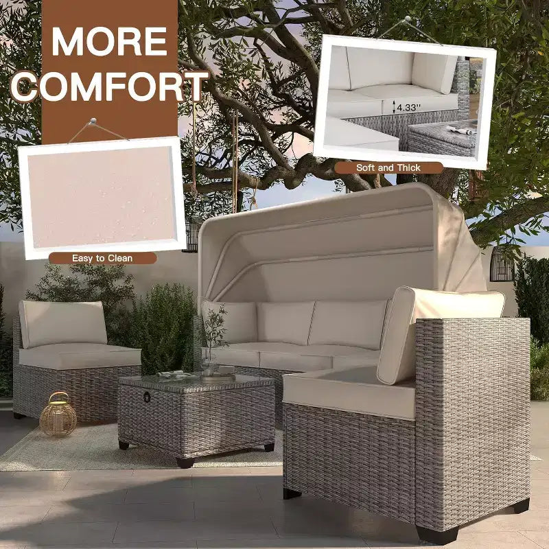 6-teiliges Set mit Sonnenliegen für den Außenbereich, Tagesbett mit ausziehbarem Sonnendach, Lounge-Set für den Außenbereich mit verstellbaren Rückenlehnen, Chaiselongues