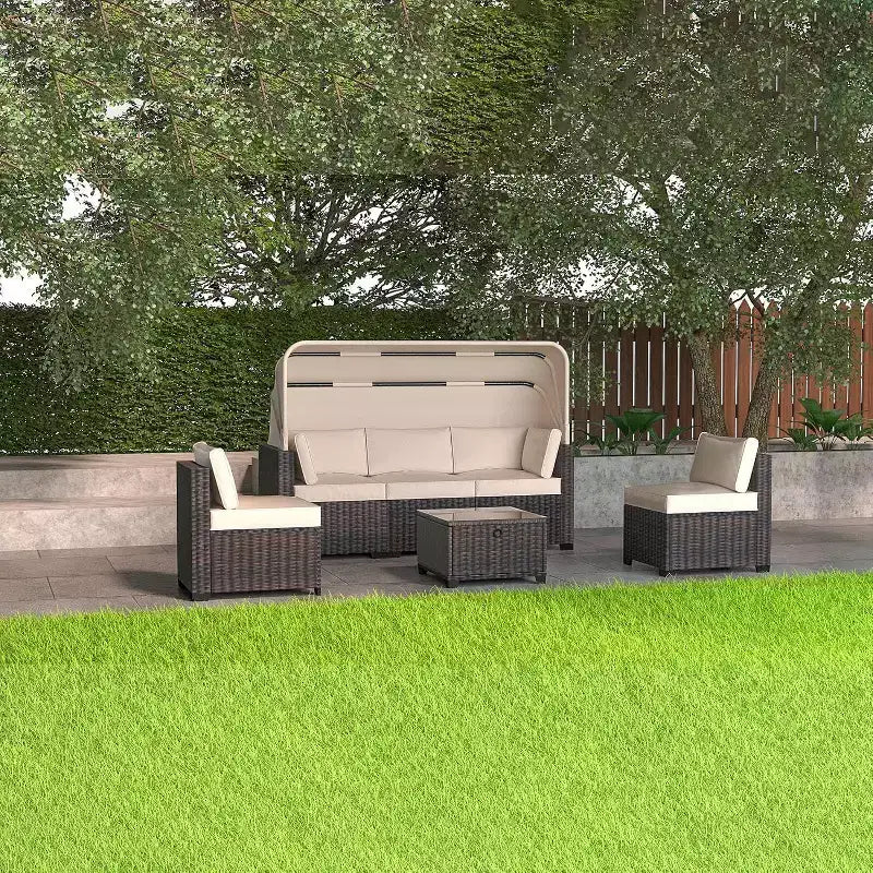 6-teiliges Set mit Sonnenliegen für den Außenbereich, Tagesbett mit ausziehbarem Sonnendach, Lounge-Set für den Außenbereich mit verstellbaren Rückenlehnen, Chaiselongues
