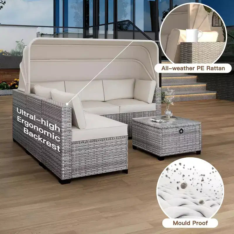 6-teiliges Set mit Sonnenliegen für den Außenbereich, Tagesbett mit ausziehbarem Sonnendach, Lounge-Set für den Außenbereich mit verstellbaren Rückenlehnen, Chaiselongues