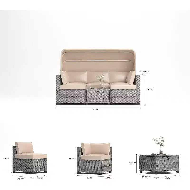 6-teiliges Set mit Sonnenliegen für den Außenbereich, Tagesbett mit ausziehbarem Sonnendach, Lounge-Set für den Außenbereich mit verstellbaren Rückenlehnen, Chaiselongues