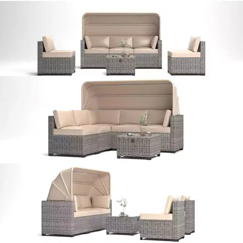 6-teiliges Set mit Sonnenliegen für den Außenbereich, Tagesbett mit ausziehbarem Sonnendach, Lounge-Set für den Außenbereich mit verstellbaren Rückenlehnen, Chaiselongues
