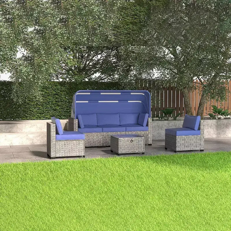 6-teiliges Set mit Sonnenliegen für den Außenbereich, Tagesbett mit ausziehbarem Sonnendach, Lounge-Set für den Außenbereich mit verstellbaren Rückenlehnen, Chaiselongues