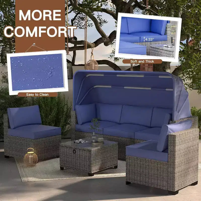 6-teiliges Set mit Sonnenliegen für den Außenbereich, Tagesbett mit ausziehbarem Sonnendach, Lounge-Set für den Außenbereich mit verstellbaren Rückenlehnen, Chaiselongues