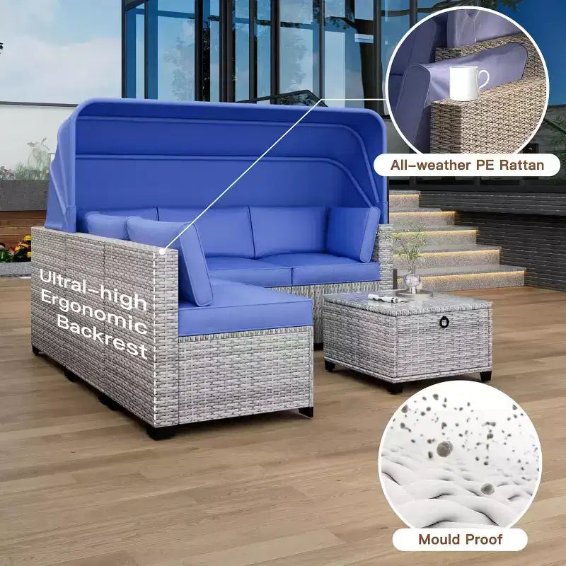 6-teiliges Set mit Sonnenliegen für den Außenbereich, Tagesbett mit ausziehbarem Sonnendach, Lounge-Set für den Außenbereich mit verstellbaren Rückenlehnen, Chaiselongues