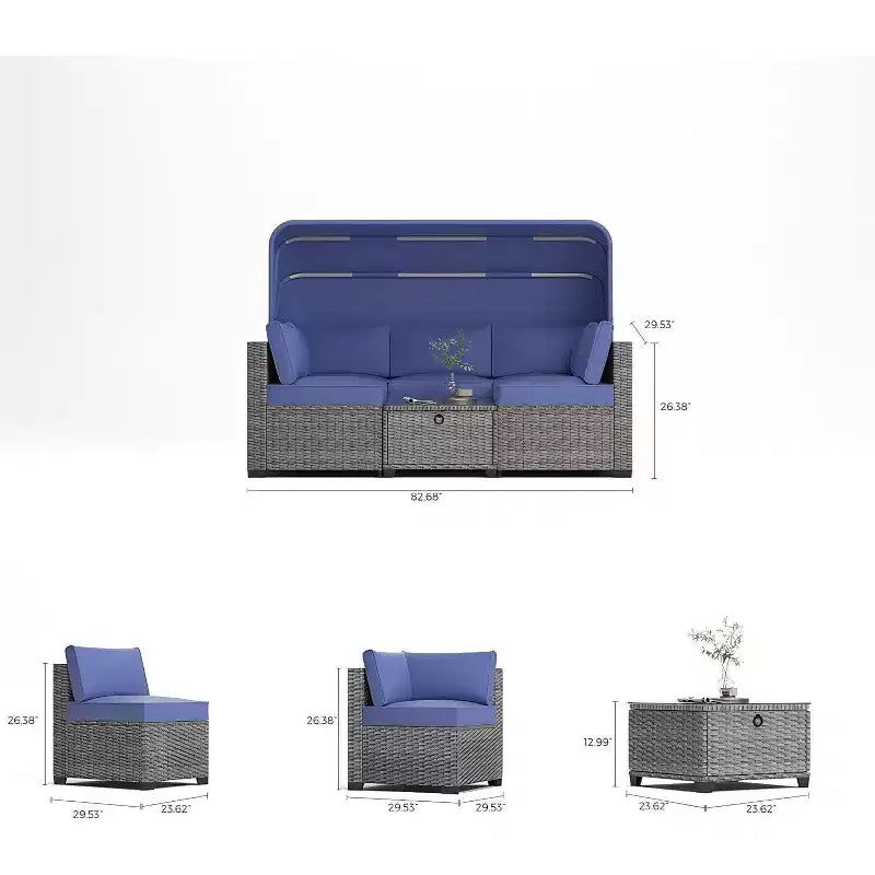 6-teiliges Set mit Sonnenliegen für den Außenbereich, Tagesbett mit ausziehbarem Sonnendach, Lounge-Set für den Außenbereich mit verstellbaren Rückenlehnen, Chaiselongues