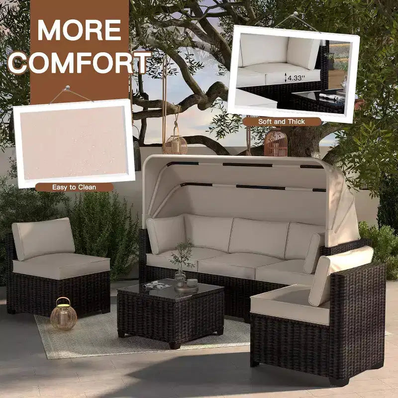6-teiliges Set mit Sonnenliegen für den Außenbereich, Tagesbett mit ausziehbarem Sonnendach, Lounge-Set für den Außenbereich mit verstellbaren Rückenlehnen, Chaiselongues