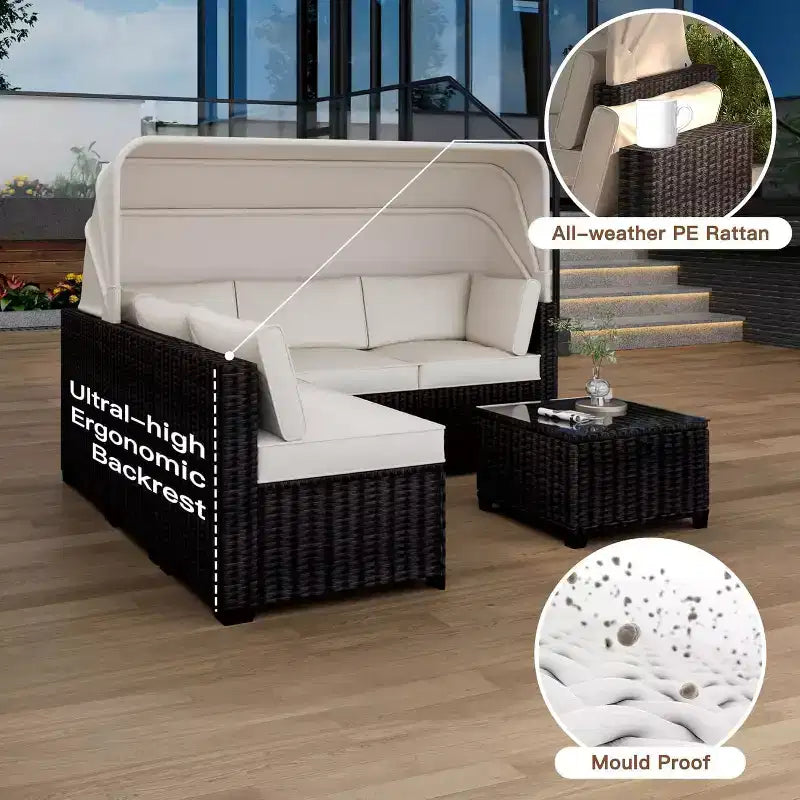 6-teiliges Set mit Sonnenliegen für den Außenbereich, Tagesbett mit ausziehbarem Sonnendach, Lounge-Set für den Außenbereich mit verstellbaren Rückenlehnen, Chaiselongues