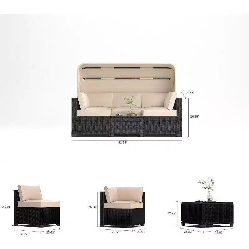 6-teiliges Set mit Sonnenliegen für den Außenbereich, Tagesbett mit ausziehbarem Sonnendach, Lounge-Set für den Außenbereich mit verstellbaren Rückenlehnen, Chaiselongues