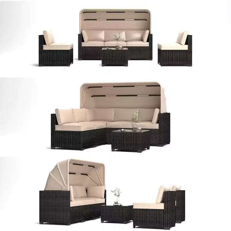 6-teiliges Set mit Sonnenliegen für den Außenbereich, Tagesbett mit ausziehbarem Sonnendach, Lounge-Set für den Außenbereich mit verstellbaren Rückenlehnen, Chaiselongues
