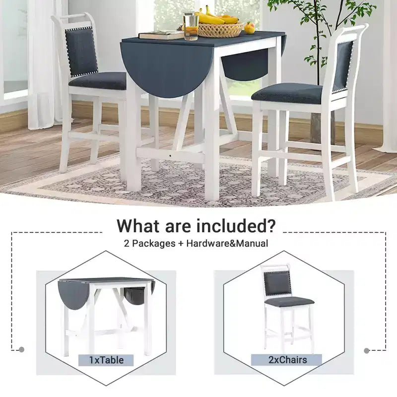 Conjunto de comedor de madera de 3 piezas de altura de barra MAYEERTY, con mesa abatible y 2 sillas tapizadas, conjunto para espacios pequeños, blanco y gris