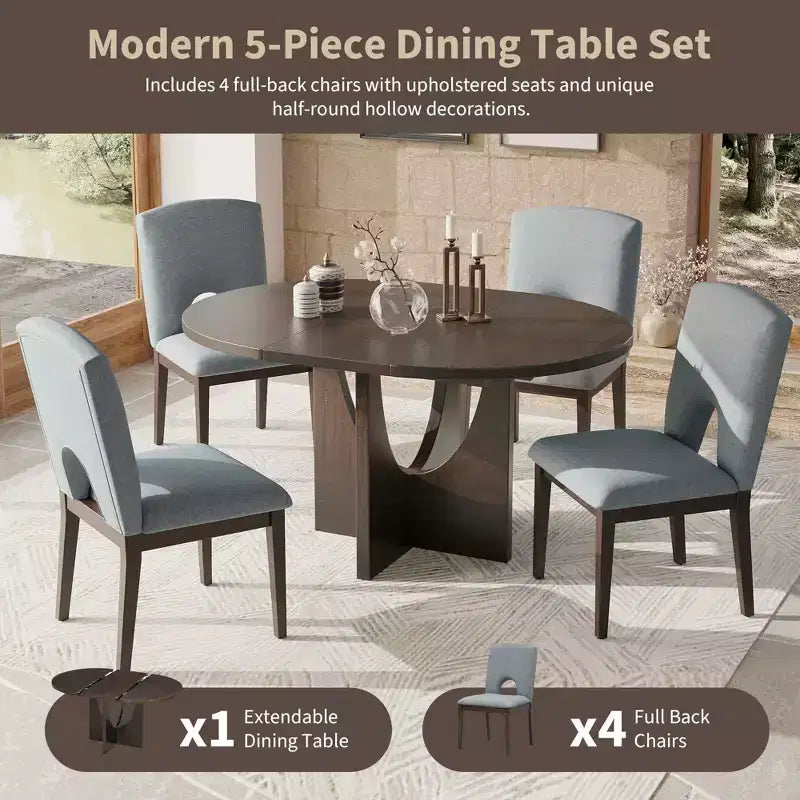 MAYEERTY modernes ausziehbares 5-teiliges rundes Esszimmertisch-Set, Tisch mit 16.2-Zoll-Einlegeplatte für kleine Räume, Espresso + Grau