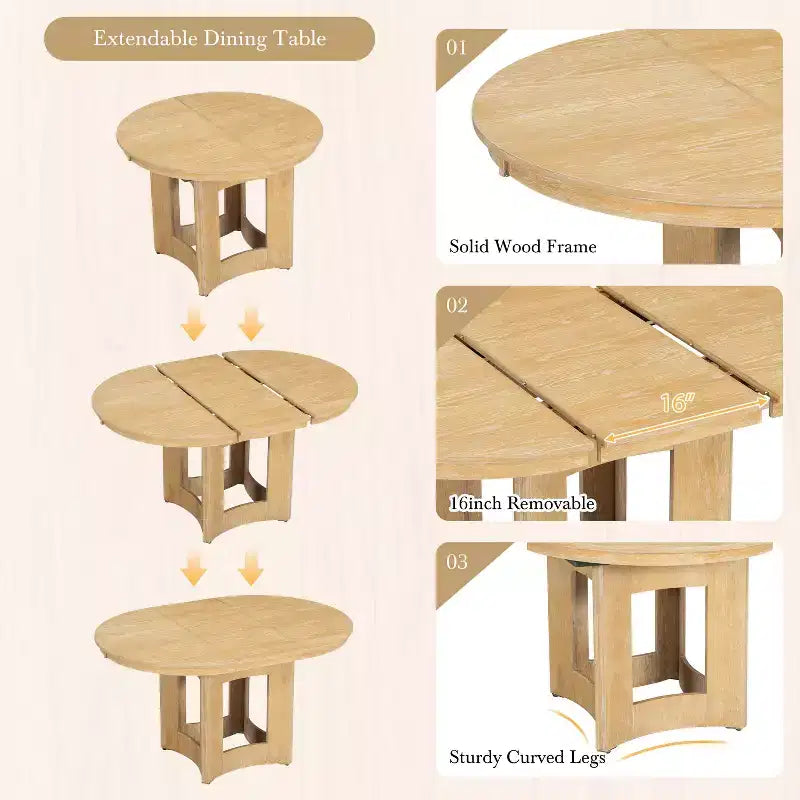 Conjunto de mesa de comedor redonda extensible de estilo rústico de 5 piezas MAYEERTY, con hoja extraíble de 16 pulgadas y 4 sillas tapizadas para 4 personas, espresso y beige
