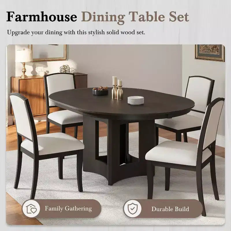 Conjunto de mesa de comedor redonda extensible de estilo rústico de 5 piezas MAYEERTY, con hoja extraíble de 16 pulgadas y 4 sillas tapizadas para 4 personas, espresso y beige