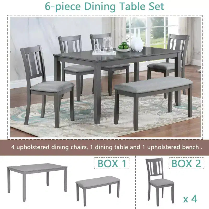 MAYEERTY 6-teiliges Essset für 6 Personen, rechteckiger Holztisch + 4 gepolsterte Stühle und Bank, Grau