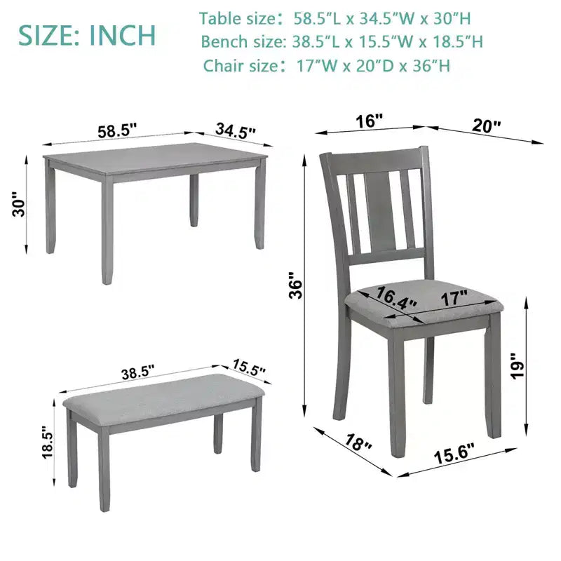 MAYEERTY 6-teiliges Essset für 6 Personen, rechteckiger Holztisch + 4 gepolsterte Stühle und Bank, Grau