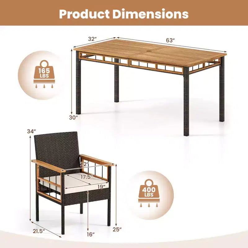 Costway 7-teiliges PE-Korbgeflecht-Terrassen-Esszimmer-Set mit 1.97-Sonnenschirmöffnung und Sitzpolstern für Terrasse und Garten, Mix-Braun