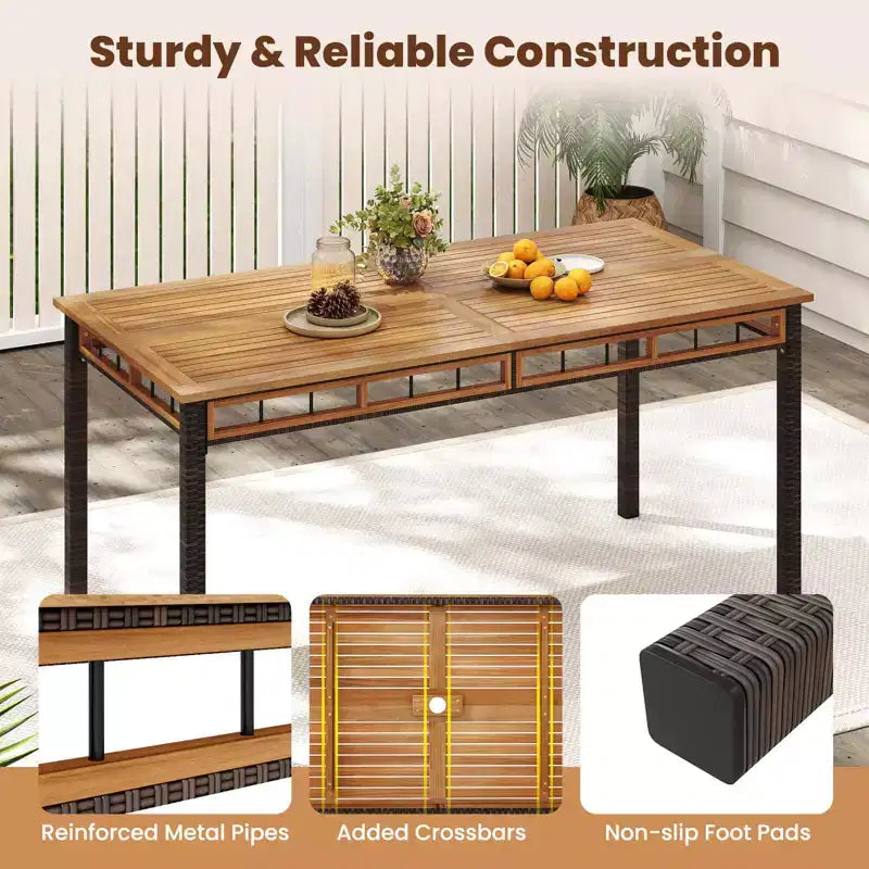 Costway 7-teiliges PE-Korbgeflecht-Terrassen-Esszimmer-Set mit 1.97-Sonnenschirmöffnung und Sitzpolstern für Terrasse und Garten, Mix-Braun