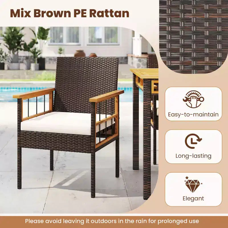Costway 7-teiliges PE-Korbgeflecht-Terrassen-Esszimmer-Set mit 1.97-Sonnenschirmöffnung und Sitzpolstern für Terrasse und Garten, Mix-Braun
