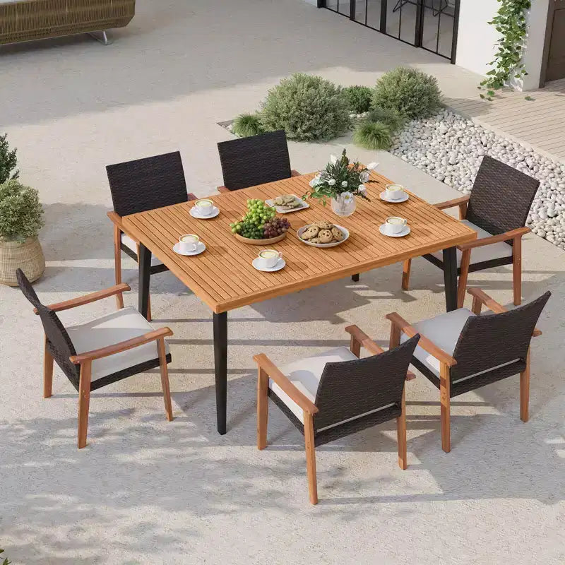 Conjunto de mesa de comedor de patio Costway de 7 piezas, con tablero, orificio para sombrilla de 1.97, cojín extraíble, natural + marrón combinado + negro
