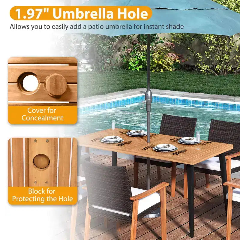 Conjunto de mesa de comedor de patio Costway de 7 piezas, con tablero, orificio para sombrilla de 1.97, cojín extraíble, natural + marrón combinado + negro
