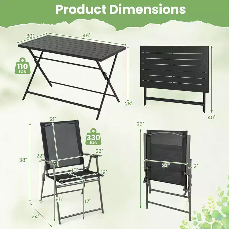 Conjunto de comedor de exterior plegable Costway de 5 piezas, mesa rectangular grande de metal y 4 sillones de malla negros